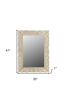 47" Antiqued White Solid Wood Carved Scrollwork Accent Mirror
