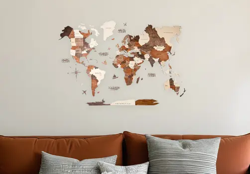 24" X 39" Brown and Beige Wood World Map Hanging Dimensional Sculpture