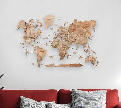 35" X 59" Wood Brown Wood World Map Hanging Dimensional Sculpture