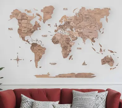 47" X 79" Wood Brown Wood World Map Hanging Dimensional Sculpture