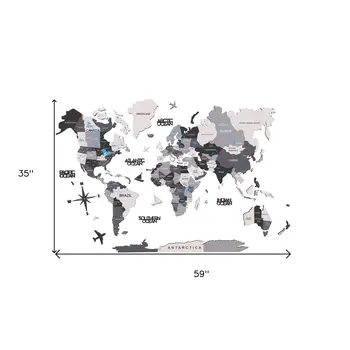 35" X 59" Black Gray and White Wood World Map Hanging Dimensional Sculpture