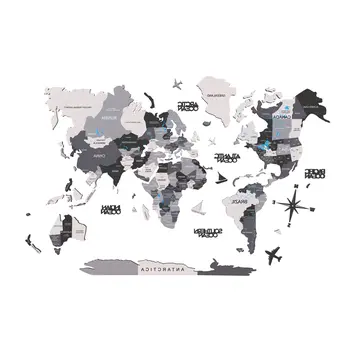 47" X 79" Black Gray and White Wood World Map Hanging Dimensional Sculpture