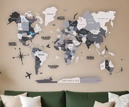47" X 79" Black Gray and White Wood World Map Hanging Dimensional Sculpture