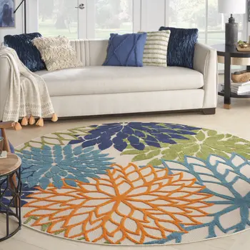 10' Blue And Green Round Indoor Outdoor Area Rug