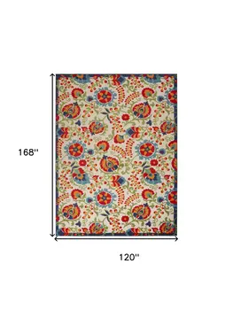 10' X 14' Ivory Blue And Orange Indoor Outdoor Area Rug