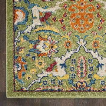 8' Green Floral Power Loom Runner Rug