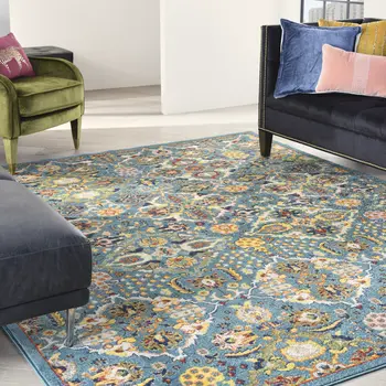 9' X 12' Teal and Gold Floral Power Loom Area Rug