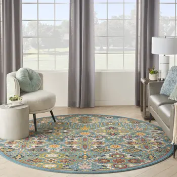 8' Blue Round Floral Power Loom Area Rug
