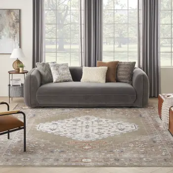 9' X 12' Khaki Oriental Power Loom Distressed Washable Area Rug
