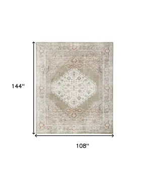 9' X 12' Khaki Oriental Power Loom Distressed Washable Area Rug