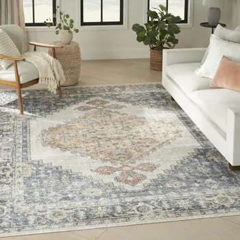 9' X 12' Gray And Gold Floral Medallion Distressed Washable Area Rug