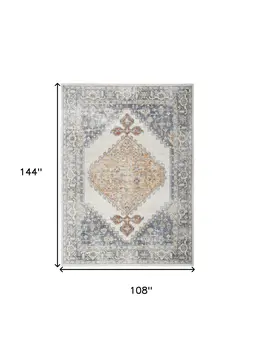 9' X 12' Gray And Gold Floral Medallion Distressed Washable Area Rug