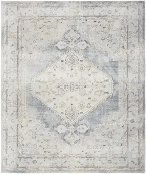 9' X 12' Light Blue Oriental Power Loom Distressed Area Rug