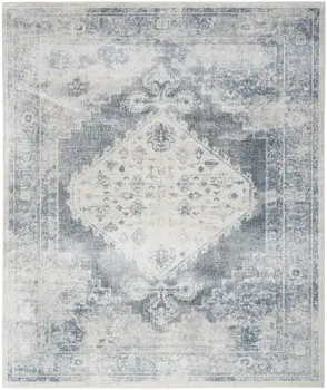 8' X 10' Blue And Ivory Floral Medallion Distressed Washable Area Rug