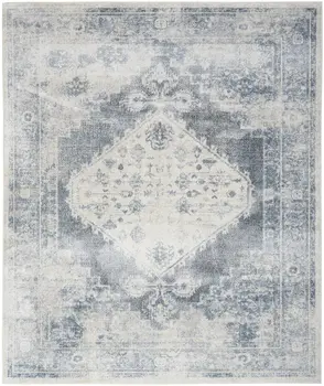 8' X 10' Blue And Ivory Floral Medallion Distressed Washable Area Rug