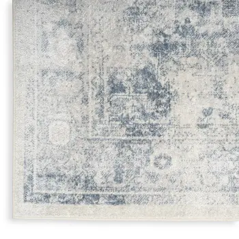 8' X 10' Blue And Ivory Floral Medallion Distressed Washable Area Rug