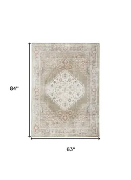 5' X 7' Sage Oriental Power Loom Distressed Washable Area Rug