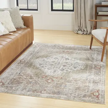 7' X 9' Sage Oriental Power Loom Distressed Washable Area Rug