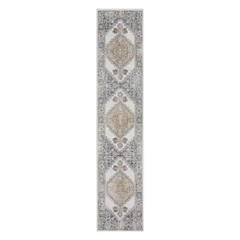 8' Gray And Gold Floral Medallion Distressed Washable Runner Rug