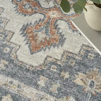 8' X 10' Gray And Gold Floral Medallion Distressed Washable Area Rug