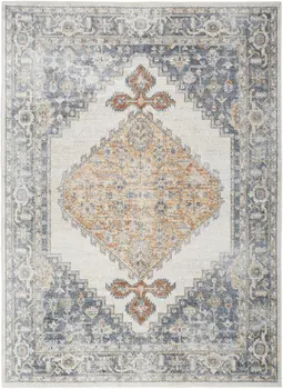 8' X 10' Gray And Gold Floral Medallion Distressed Washable Area Rug