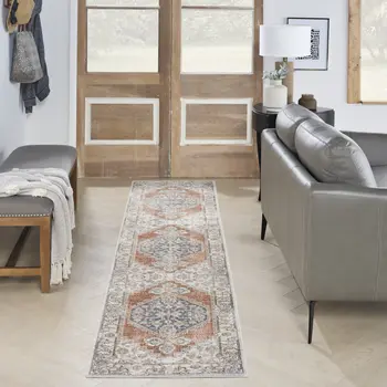 10' Gray And Ivory Oriental Distressed Washable Runner Rug