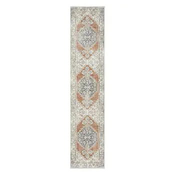 8' Gray And Ivory Oriental Distressed Washable Runner Rug