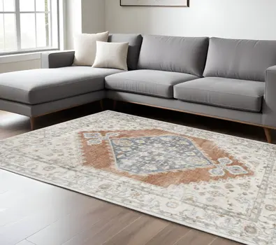 8' X 10' Gray And Orange Floral Medallion Distressed Washable Area Rug