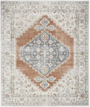 8' X 10' Gray And Orange Floral Medallion Distressed Washable Area Rug