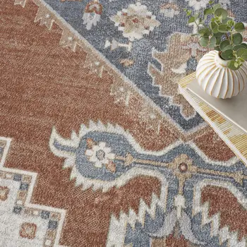 8' X 10' Gray And Orange Floral Medallion Distressed Washable Area Rug