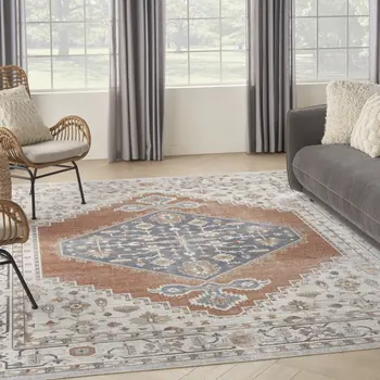 8' X 10' Gray Orange And Ivory Floral Medallion Distressed Washable Area Rug