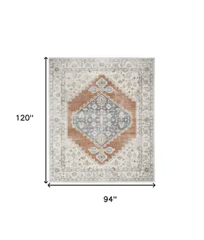 8' X 10' Gray And Orange Floral Medallion Distressed Washable Area Rug