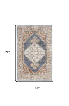 4' X 6' Denim Blue Oriental Power Loom Distressed Washable Area Rug