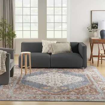 8' X 10' Denim Blue Oriental Power Loom Distressed Washable Area Rug