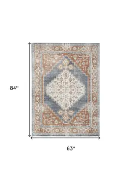 5' X 7' Denim Blue Oriental Power Loom Distressed Washable Area Rug