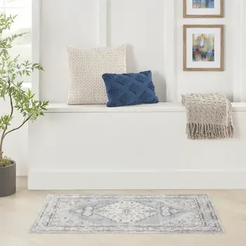 3' X 5' Light Blue Oriental Power Loom Distressed Washable Area Rug