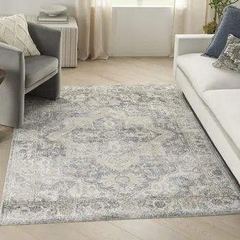 5' X 7' Gray Oriental Power Loom Washable Area Rug