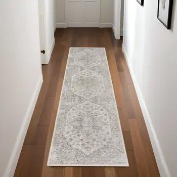 8' Gray And Ivory Oriental Washable Runner Rug
