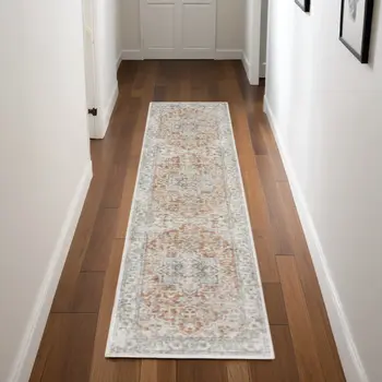 8' Rust And Off White Oriental Washable Runner Rug