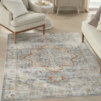 5' X 7' Denim Blue Oriental Power Loom Washable Area Rug