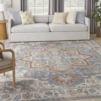 8' X 10' Denim Blue Oriental Power Loom Washable Area Rug