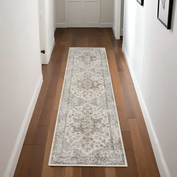8' Gray And Ivory Oriental Washable Runner Rug