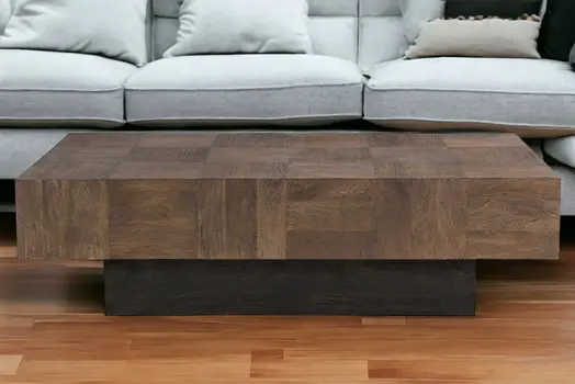 59" Dark Brown and Black Solid Wood Block Coffee Table