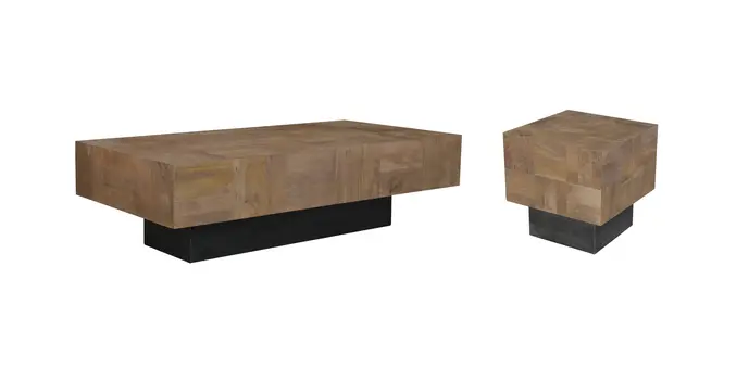 59" Dark Brown and Black Solid Wood Block Coffee Table