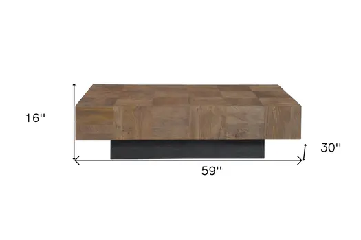 59" Dark Brown and Black Solid Wood Block Coffee Table