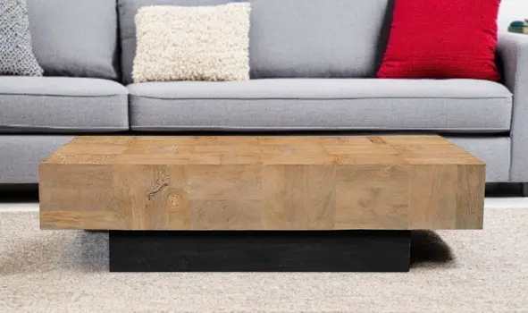 59" Natural and Black Solid Wood Block Coffee Table