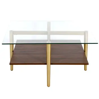 32" Brown And Gold Glass And Steel Square Coffee Table With Shelf