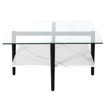 32" White And Black Glass And Steel Square Coffee Table With Shelf