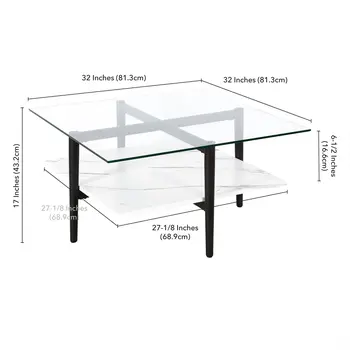 32" White And Black Glass And Steel Square Coffee Table With Shelf