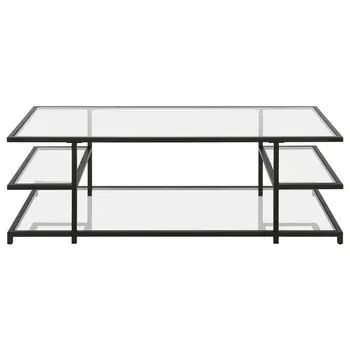 54" Black Glass And Steel Coffee Table With Three Shelves